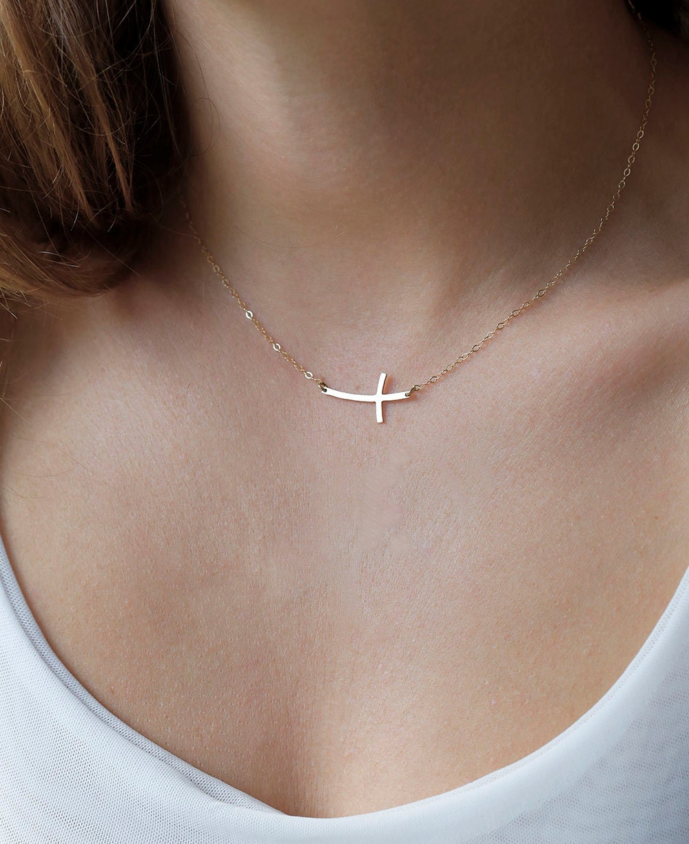 14k Gold Horizontal Cross Necklace Sideways Cross By Minimalvs