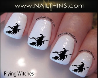Witch Nail Decal Halloween Flying Witch on Broom Nail Art Nail Designs NAILTHINS