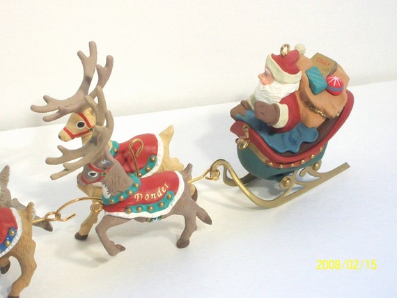 Vintage Hallmark Ornament Set Complete Santa and His Reindeer 1992