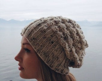 Slouchy Knit Beanie // Heathered Textured Off White Beanie // Winter Knit Beanie // Winter Knit Slouchy Hat // Gift