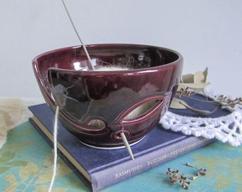 Ceramic Yarn Bowl, Eggplant Purple, Amethyst Lavender Blush, leaf, Crochet small Portable Yarn Holder Knitting BlueRoomPottery