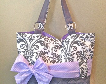 Personalized Diaper Bag In Lavender & Grey Damask. Interchangeable Sash in Polka Dot or Solid Lavender