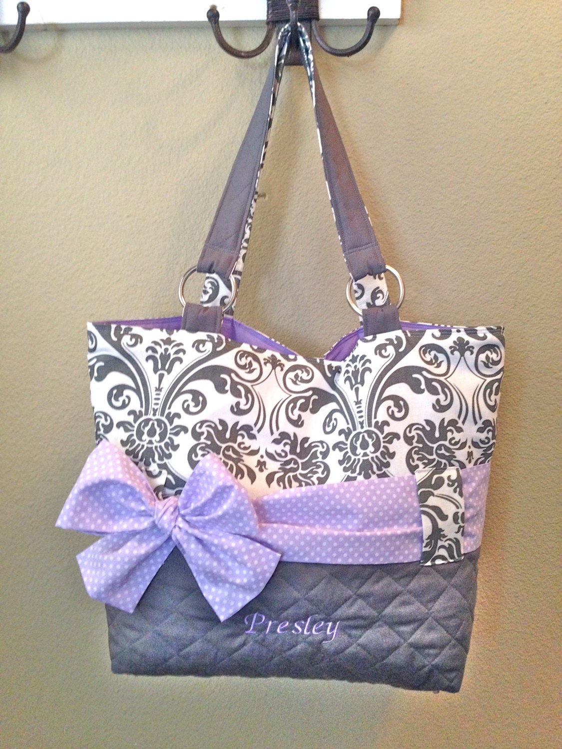 Personalized Diaper Bag In Lavender & Grey Damask.