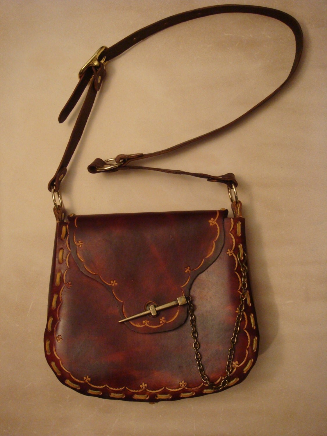 Kim Tooled Brown Leather Crossbody Bag Shoulder Bag Purse