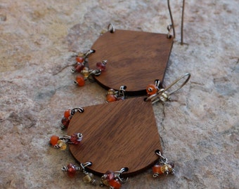 WOOD chandelier earrings with Garnet, Citrine, and Carnelian, sterling silver