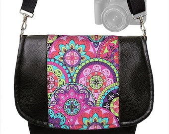Womens SLR Camera Bag Dslr Camera Bag Purse Vegan Black Leather Pink Paisley purple teal Zipper Padded Deluxe Model RTS
