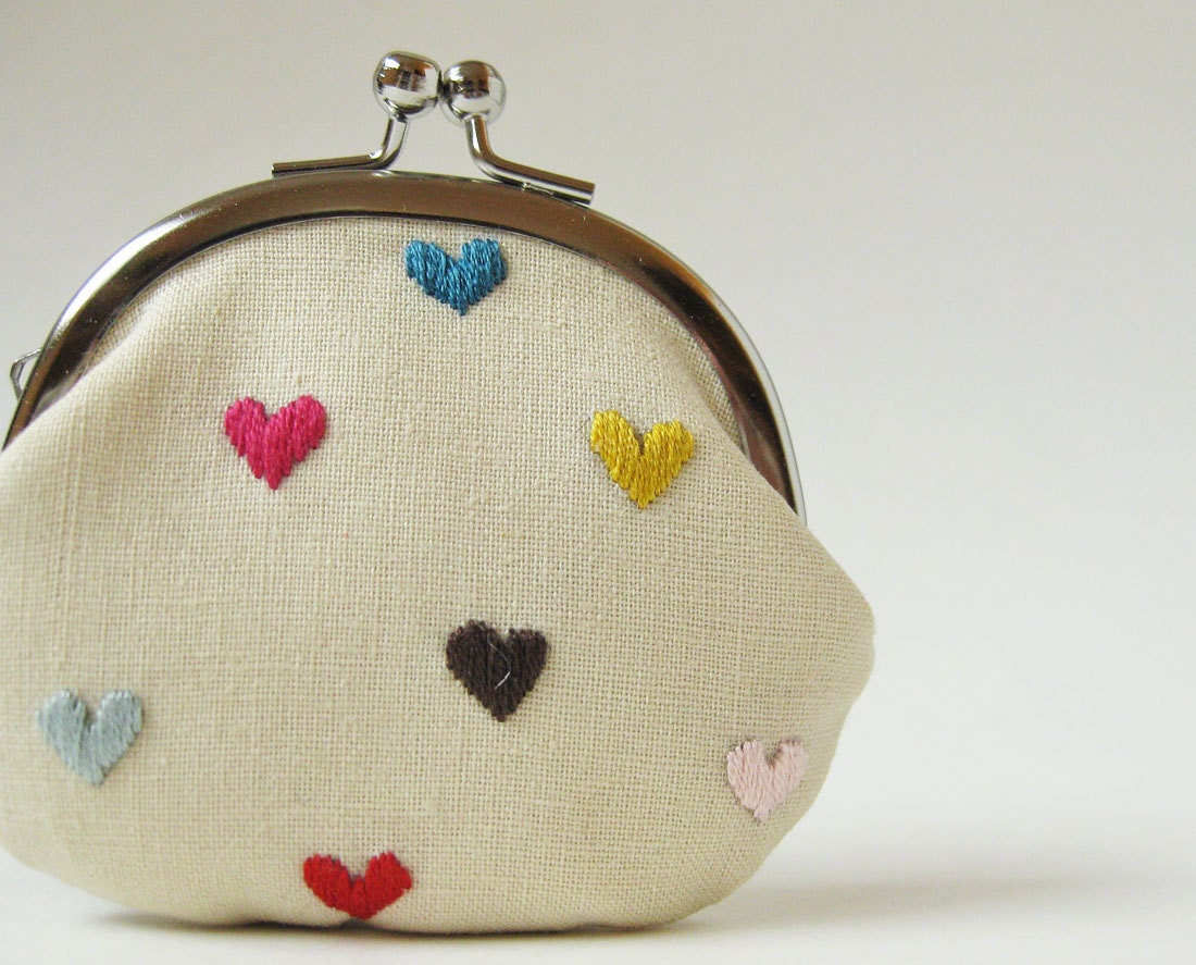 coin purse multicolor hearts on linen