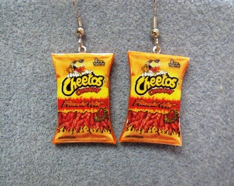 Cheetos Flamin Hot Kitsch Dangle Polymer Clay Junk Food Earrings Hypo Allergenic Nickle-Free