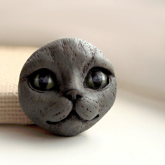 Grey Cat Polymer Clay Face Cab Gray Kitty Animal Pet Kitten