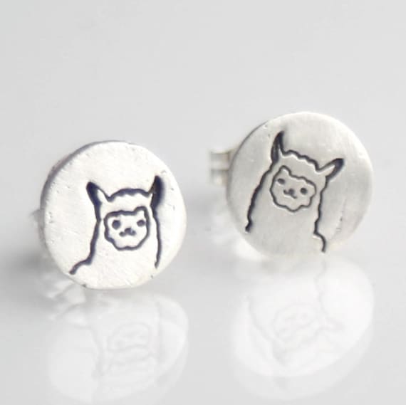 LLAMA studs, eco-friendly silver earrings, Illustration by BOYGIRLPARTY.  Handcrafted by Chocolate and Steel.