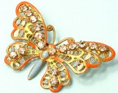 Vintage/ estate Art Deco 1940s gilt metal filigree, orange and paste butterfly/ insect costume brooch