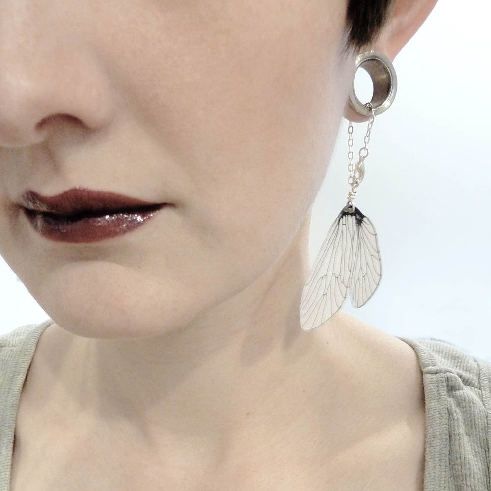 Caddisfly wing dangle earrings for stretched earlobes tunnels