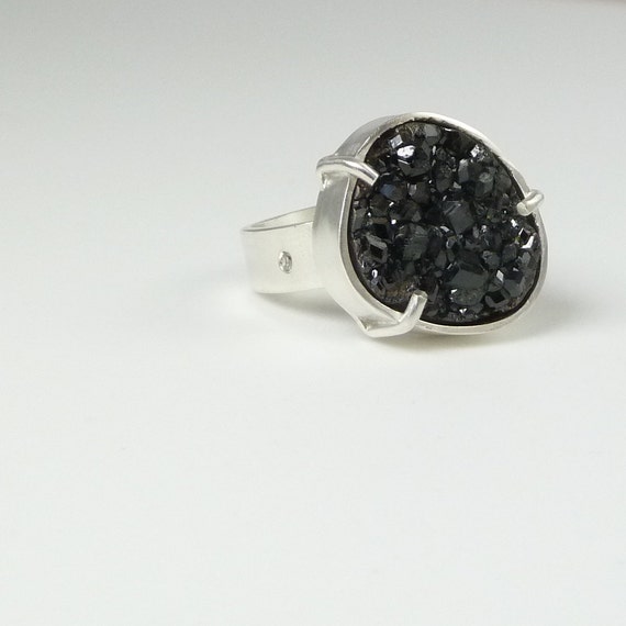 Black Druzy, Raw Crystal Ring, Diamond Ring, Handmade Natural Gemstone ...
