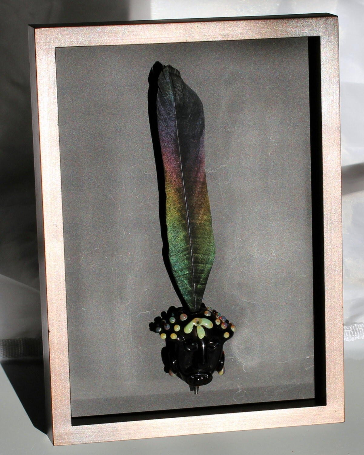 shadow box feather shadow box lampwork tiki head shadow box