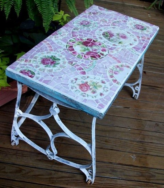 ON SALE!!!  Was 395.00 Fabulous Shabby & Prim Aqua and  Pink Rose Mosaic Table