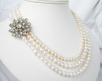 Rhinestone Flower Pearl Necklace, Three Strand Freshwater Pearl Wedding Necklace, Silver, Vintage Rhinestone, Handmade, Flower Burst