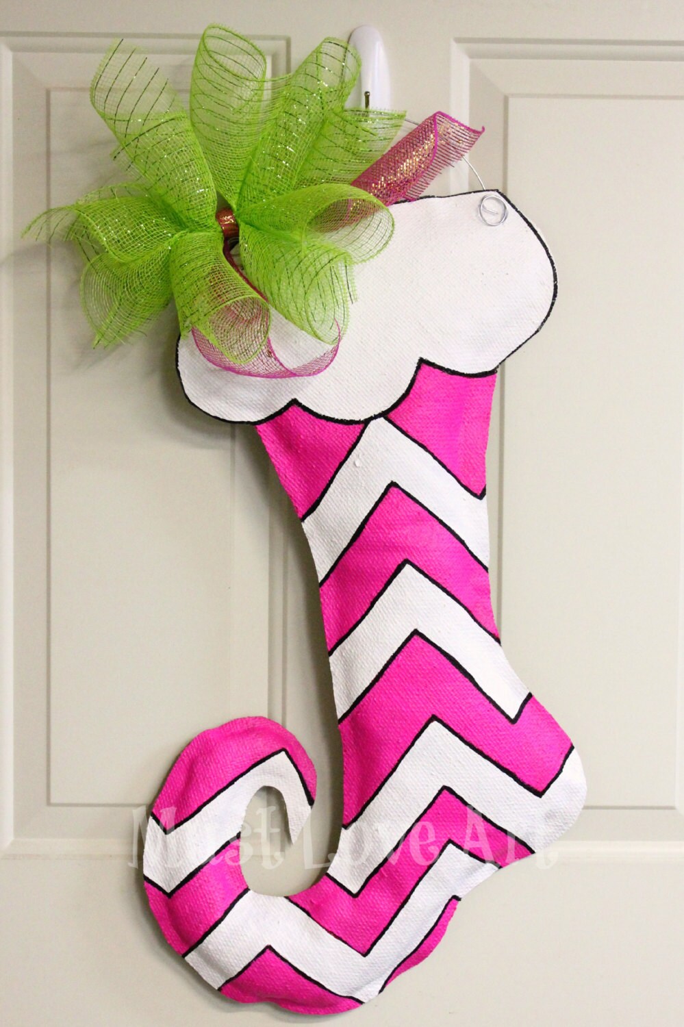 Chevron Christmas Stocking Wood Door Hanger by MustLoveArtStudio