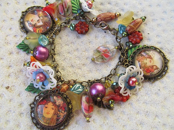 Alphonse Mucha Charm Bracelet with Vintage by moonlilydesigns
