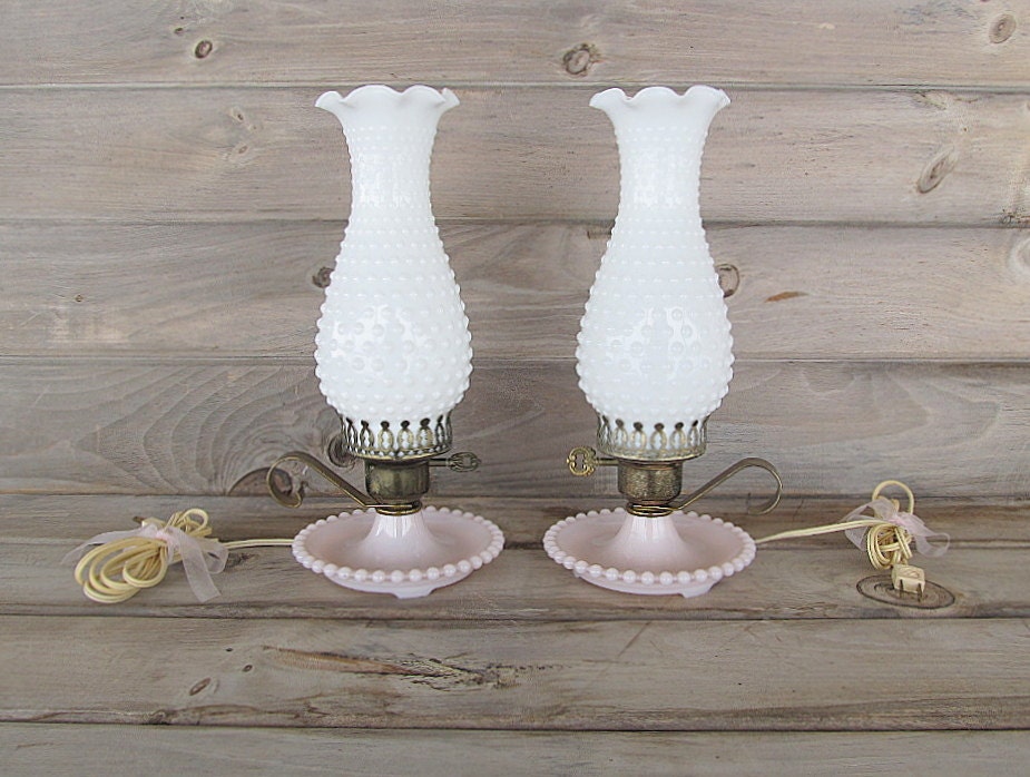 Vintage Hobnail Milk Glass Lamps Pink Milk Glass Bases