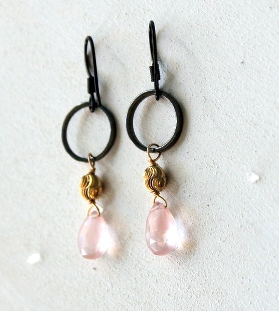 Pale Pink Earrings, Black Hoop Earring, Gift Earrings, Rose Quartz, Ballet Pink, Pink Blush, Pink Gold Black, Black and Pink, Dangle