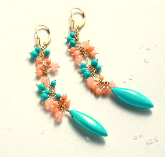 Turquoise Coral Earrings, Turquoise Peach Long Earrings, Coral Salmon, Gold Artisan Jewelry, GOLD FILL Dangling Long Earrings,  SALE