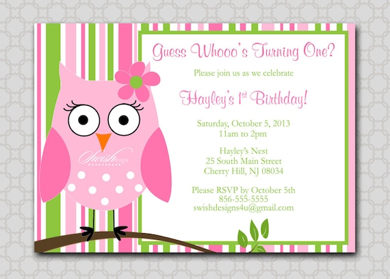 Owl Birthday Invitation - First Birthday Look Whoo's Turning One Stripes girl printable digital invitations pink and green Il_570xn