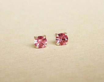 4 mm Small Pink Rose Crystal 925 Sterling Silver Stud Earrings - Bridesmaid Gift Hypoallergenic Earrings Second Hole Earrings