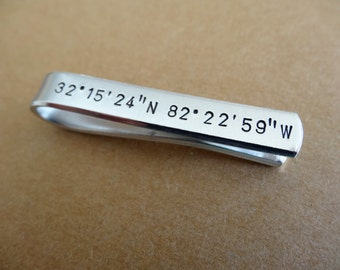 Coordinates Tie Bar - Latitude Longitude Tie bar - Personalized Custom Tie Clip