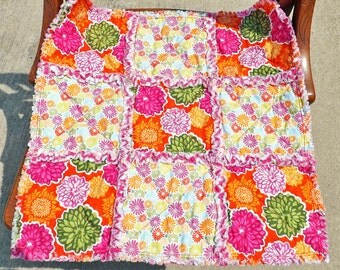 Rag Quilt Lovey - Security Blanket - Pink Yellow Orange Flowers - Baby Bedding - Baby Shower Gift - Baby Rag Quilt - Baby Girl Lovey