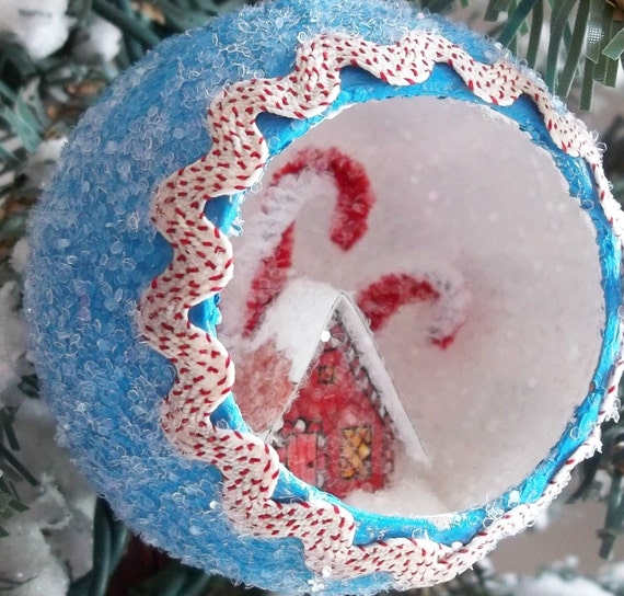 Blue Christmas Retro Shadow Box  Diorama Assemblage Mixed Media Candy Cane Glitter House Vintage Style Glitter Ball Tree Ornament