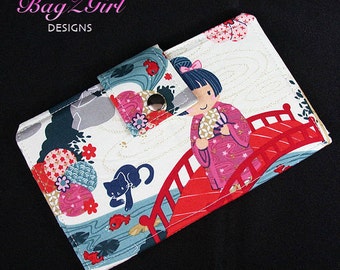 Handmade Long Wallet BiFold Clutch-Indochina-Geisha-Kitty-Fish-Royal-Blue