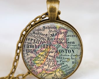 Boston map necklace, Boston map pendant, Boston map jewelry charm , vintage map necklace