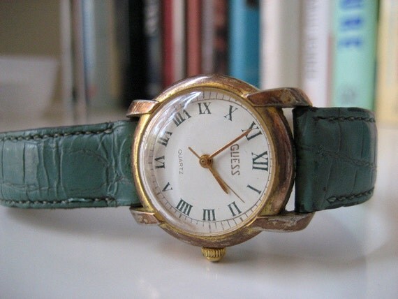 Vintage Guess Brand Watch Ladies Gold Green Quartz Hong Kong 1980's
