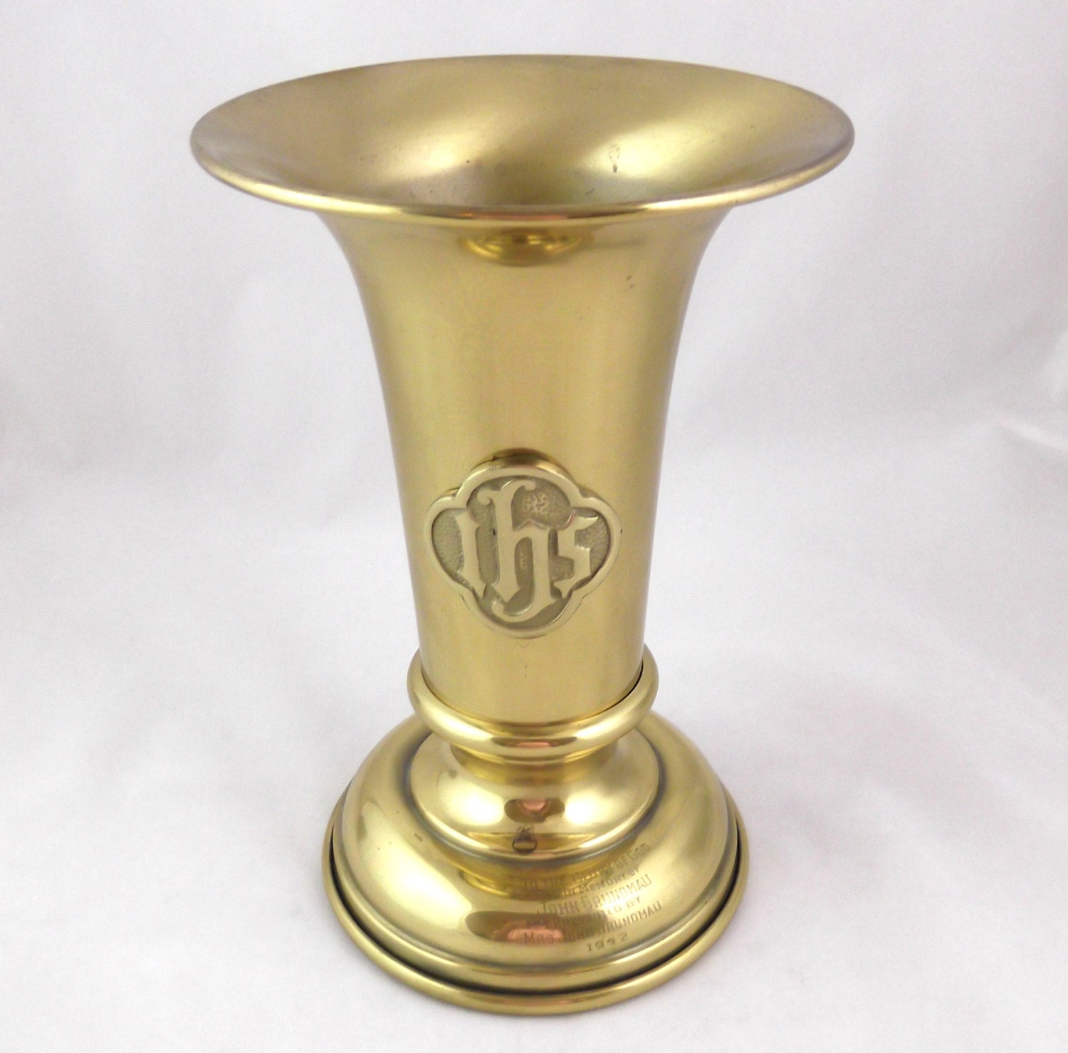Vintage Heavy Brass Church Vase with Inscription Charles
