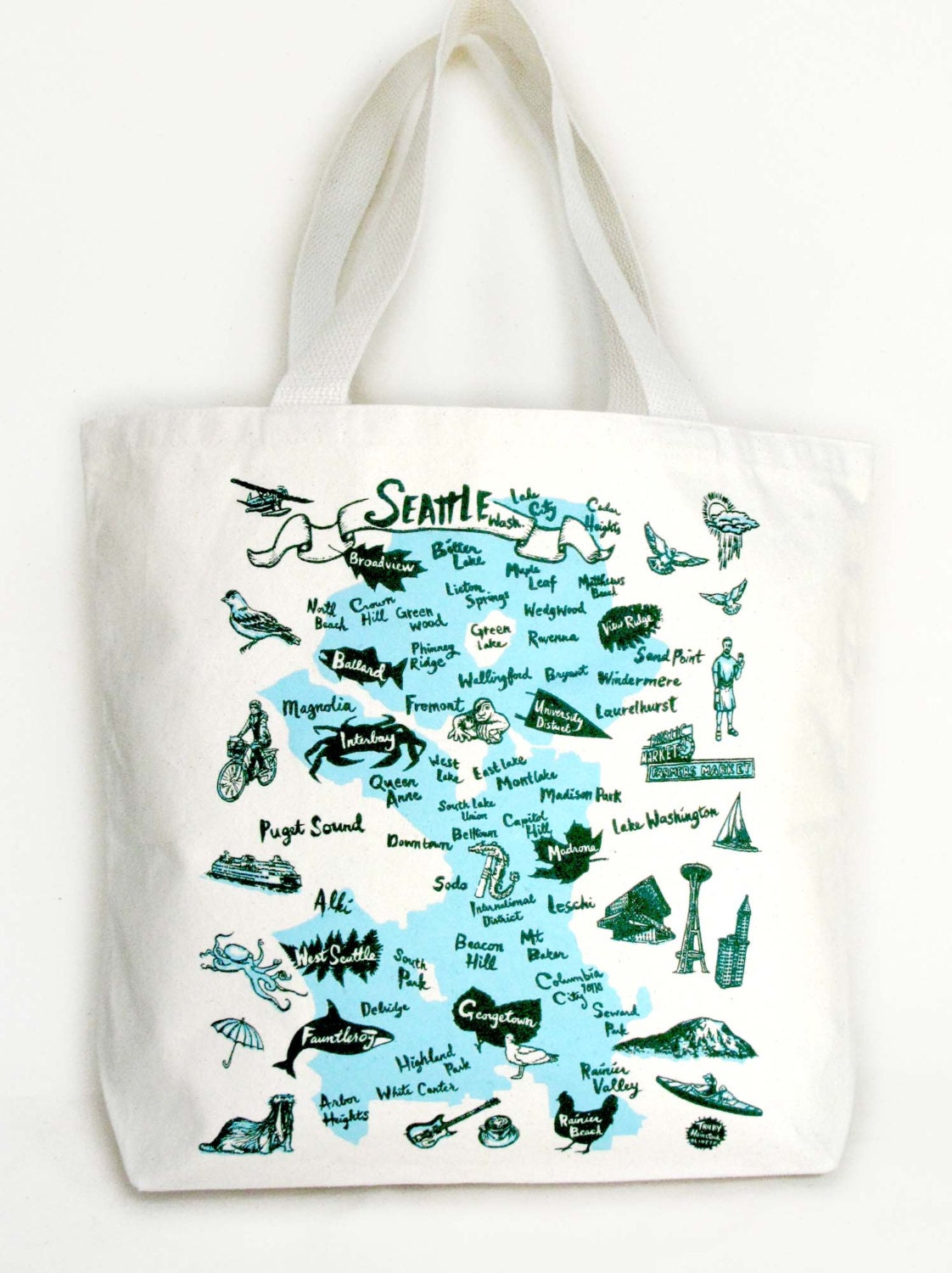 Seattle Neighborhood Screen Print Canvas Tote Bag by OLIOTTO