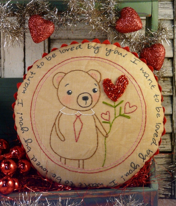 Valentine Teddy bear embroidery PDF Pattern - stitchery pillow LOVE red beads rick rack new vintage like heart primitive