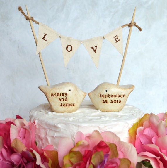 Wedding cake topper and L O V E banner...package deal ... PERSONALIZED  love birds and fabric banner included