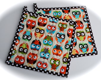 Owl Potholders, Quilted Potholders, Fabric Potholders, Set of 2