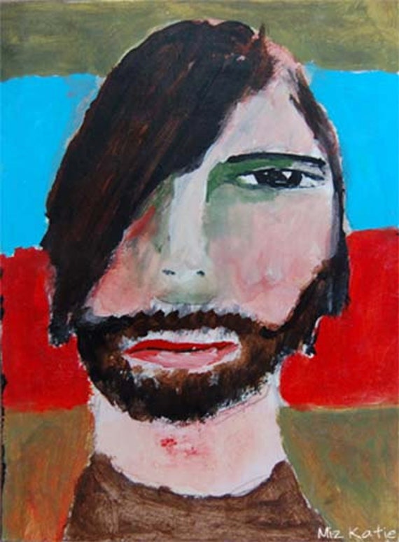 Acrylic portrait painting, Man, Long Brown Hair, Beard, Mustache, Bold Colors, Orange, Blue, Green, Original, Watercolor Paper