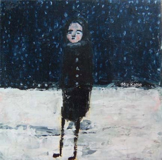 Acrylic Painting Girl, Winter, Coat, Snow, Dark Sky 8x8 Canvas Original Whimsical Cute Wrapped Canvas
