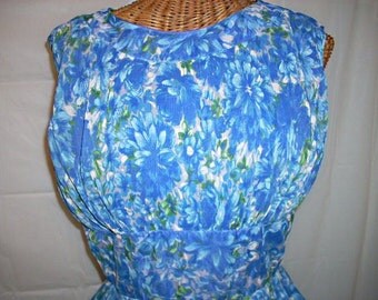Gorgeous Blue Floral Chiffon DRESS, Vintage 50s, Crystal Pleats, 38 Bust
