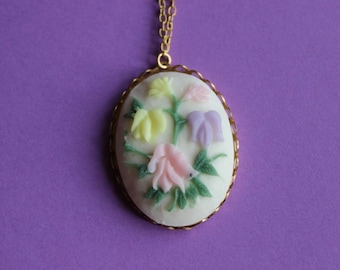 Vintage Pastel Flowers Cameo Necklace