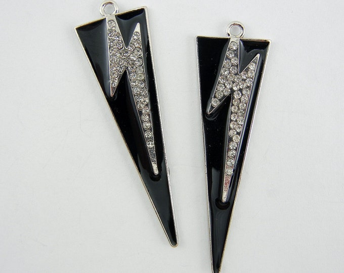 Pair of Triangular Charms with Rhinestone Lightning Bolts Black Epoxy Silver-tone