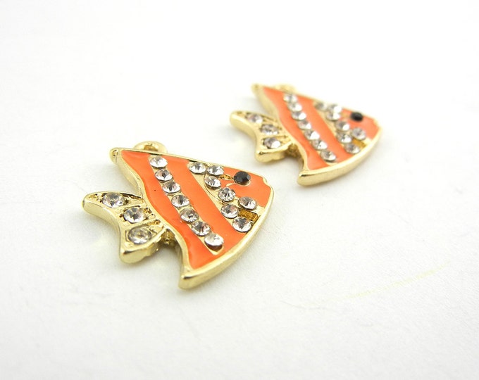 Pair of Small Orange Epoxy Angel Fish Charms Gold-tone