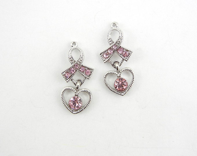 Pair of Pink Ribbon and Heart Drop Charms Pink Rhinestones Antique Silver-tone