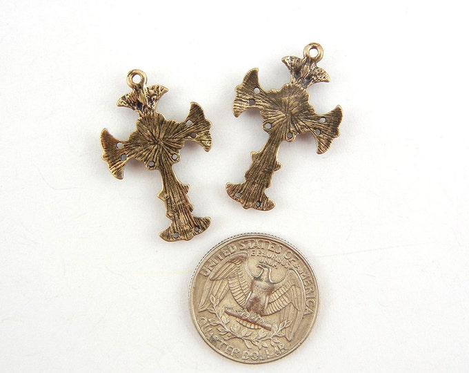 Pair of Small Antique Gold-tone Textured Cross Charms with Topaz Rhinestone