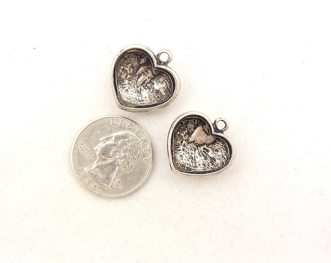 Pair of Antique Silver-tone Heart with Bow Charms Rhinestones