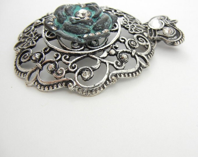 Large Antique Silver-tone Verde Patina Rose Pendant Rhinestones Crown Top