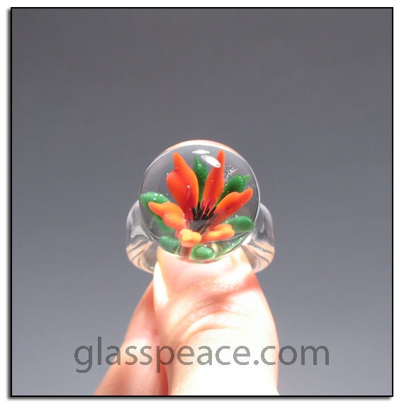 Glass Ring Flower Size 8.5 handmade lampwork glass ring