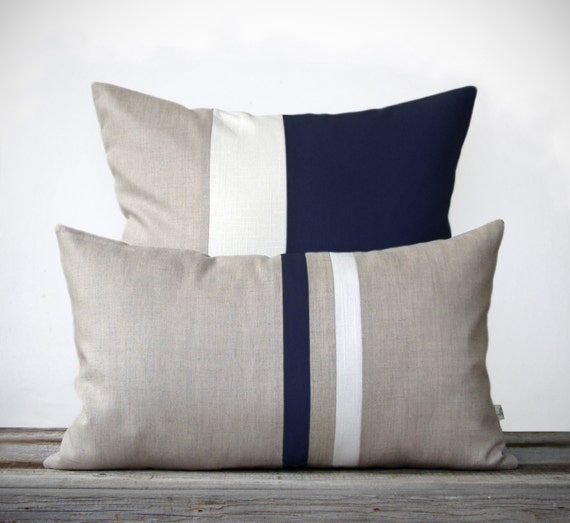 Navy Decorative Pillow Set 12x20 Stripe and 20x20 Color